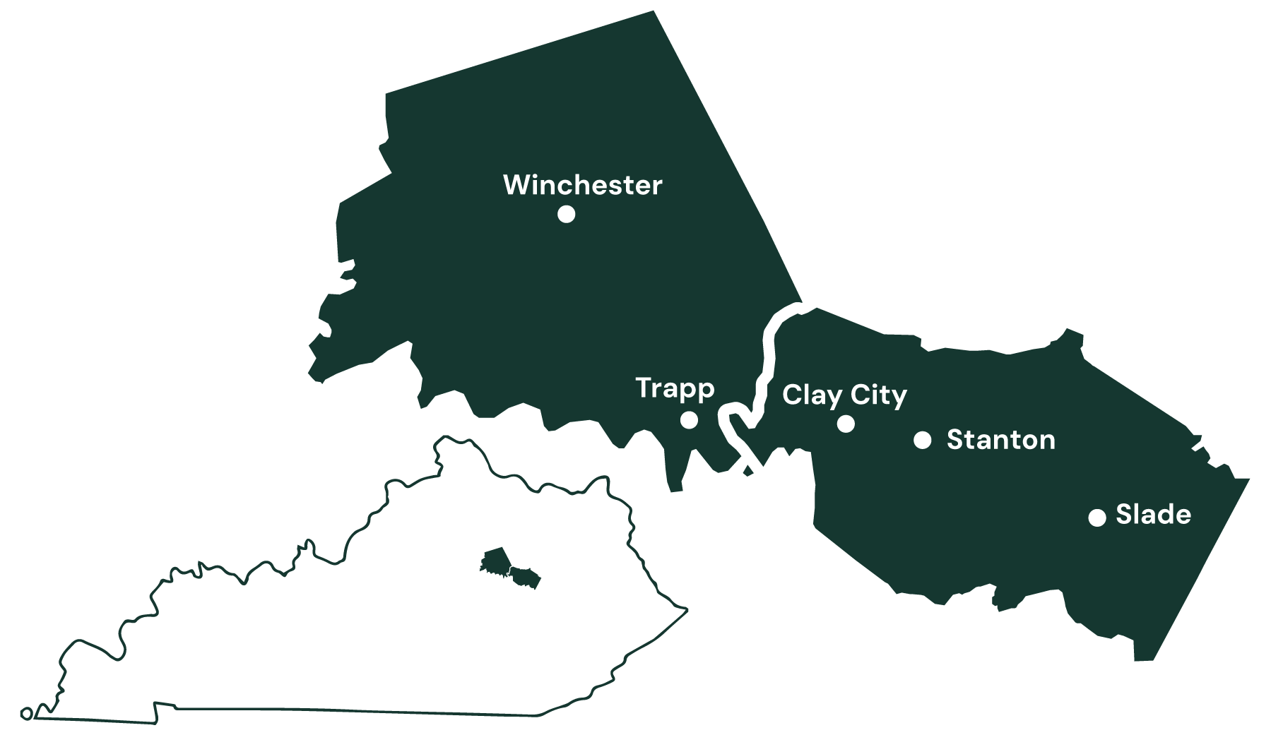 Map showcasing Hospice East's Service area in Clark and Powell Counties. Specifically the cities of Winchester, Trapp, Stanton, Clay City, and Slade